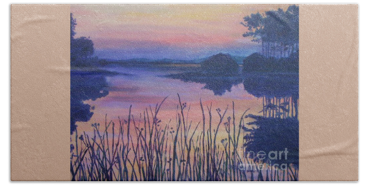 Chincoteaque Hand Towel featuring the painting Chincoteaque Island Sunset by Julie Brugh Riffey