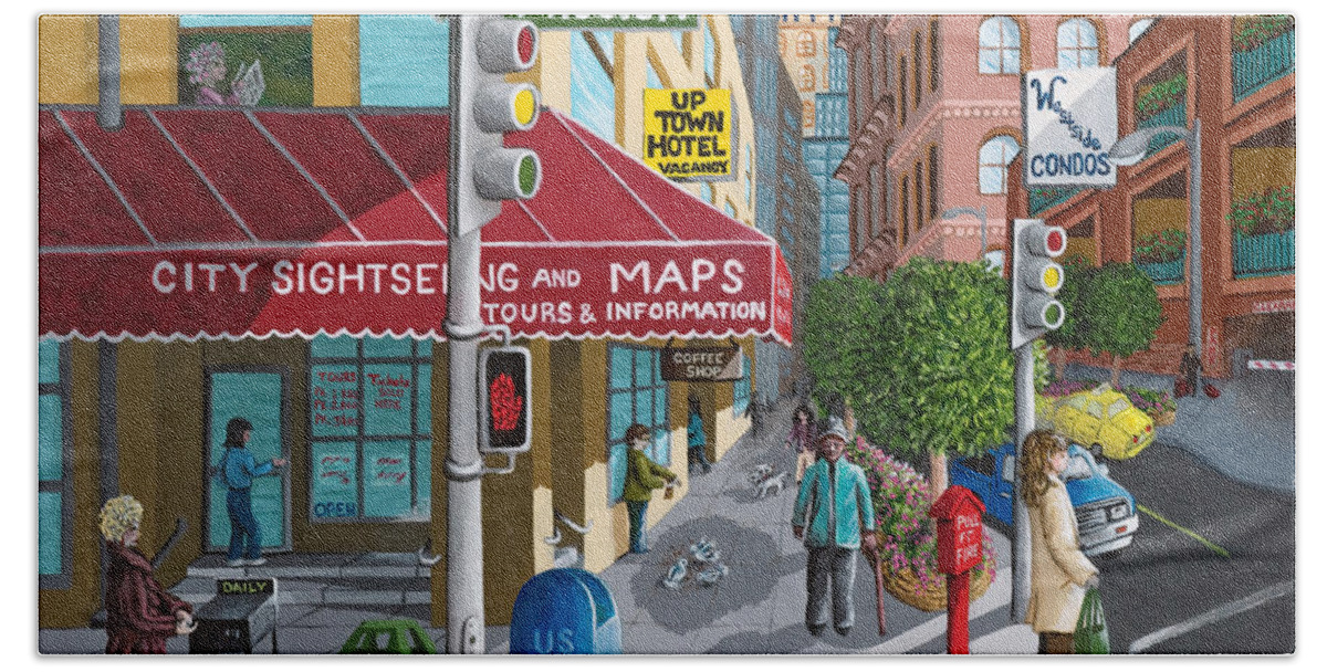 Print Hand Towel featuring the painting City Corner by Katherine Young-Beck