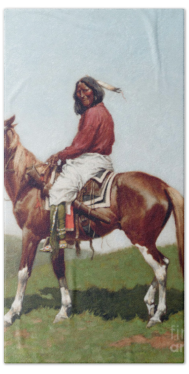 Comanche Brave Hand Towel featuring the painting Comanche Brave by Frederic Remington
