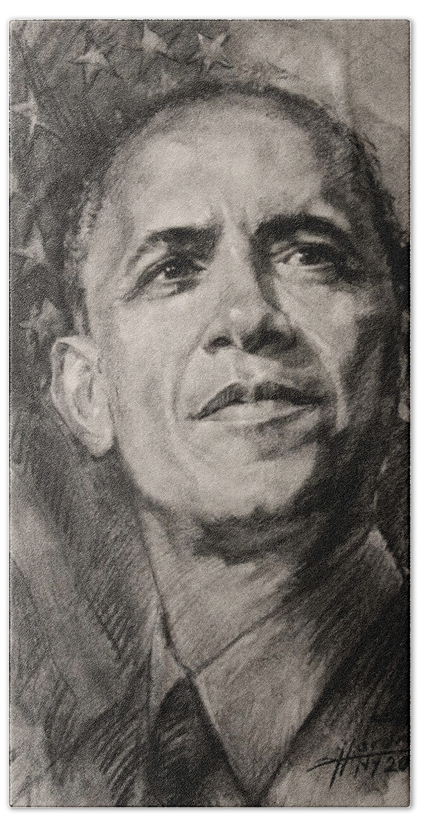 Barack Obama Hand Towel featuring the drawing Commander-in-Chief by Ylli Haruni