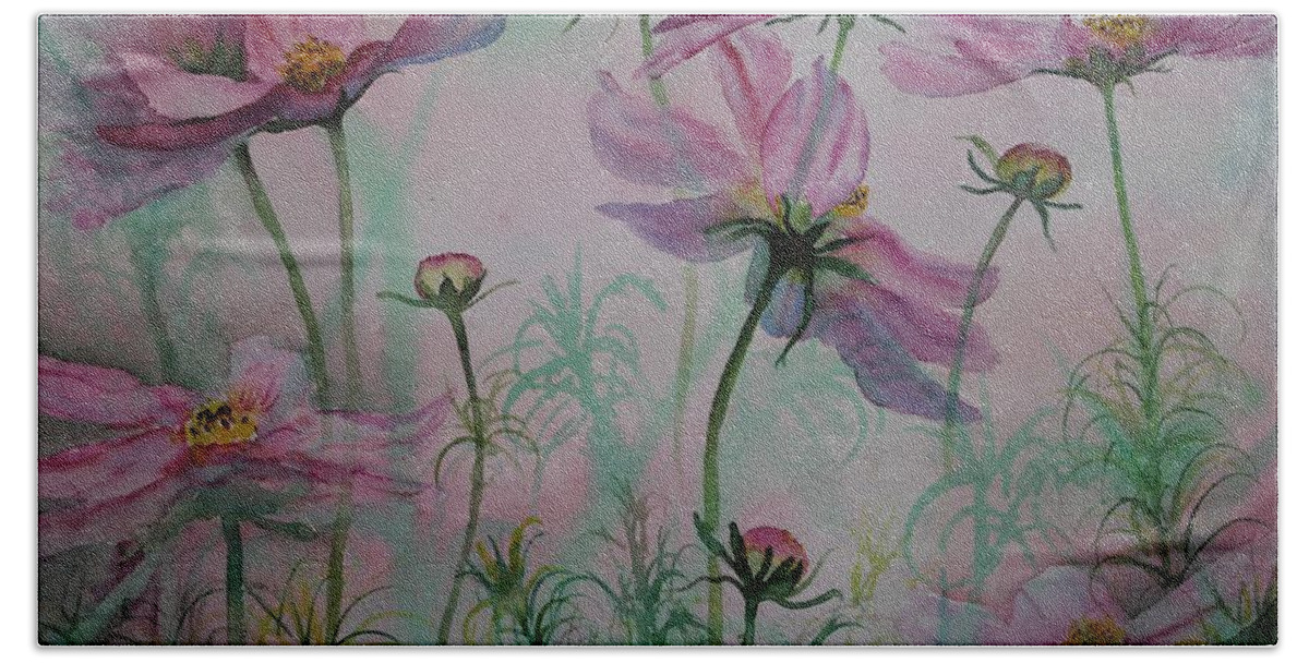 Flowers Bath Towel featuring the painting Cosmos by Ruth Kamenev