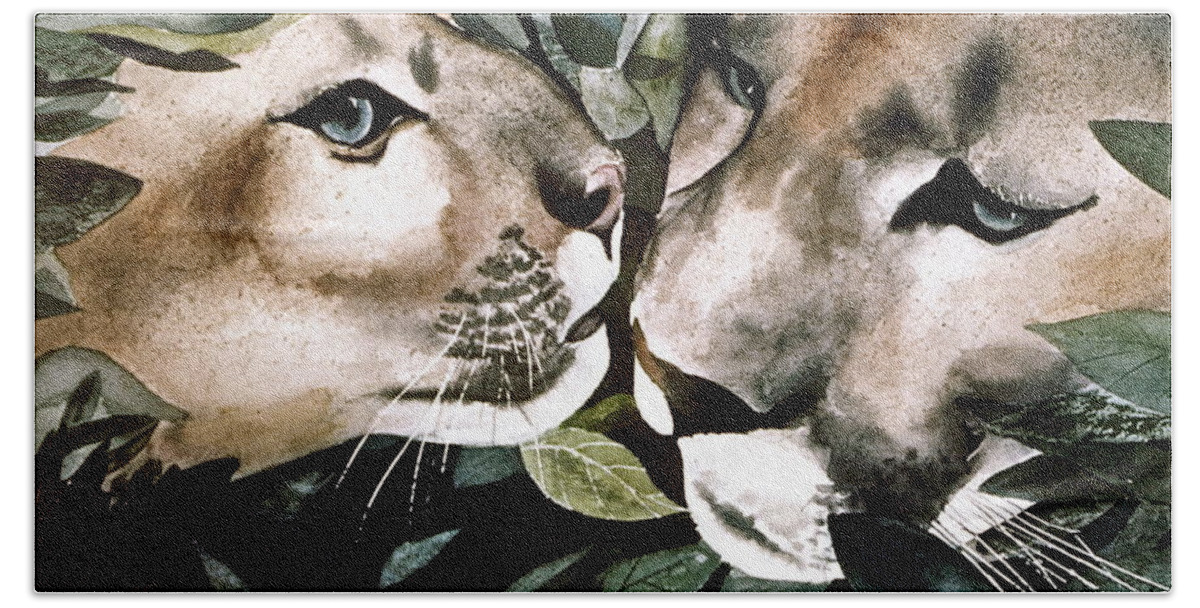 Mountain Hand Towel featuring the painting Cougar Kiss by Frank SantAgata