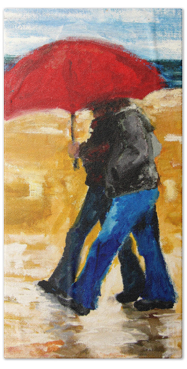 Couple Walking Under A Red Umbrella At The Beach Art Hand Towel featuring the painting Couple under a Red Umbrella by Patricia Awapara