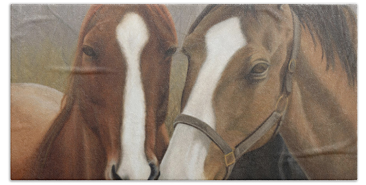Horses Showing Affection Over The Fence Bath Towel featuring the painting Courtship by Tammy Taylor