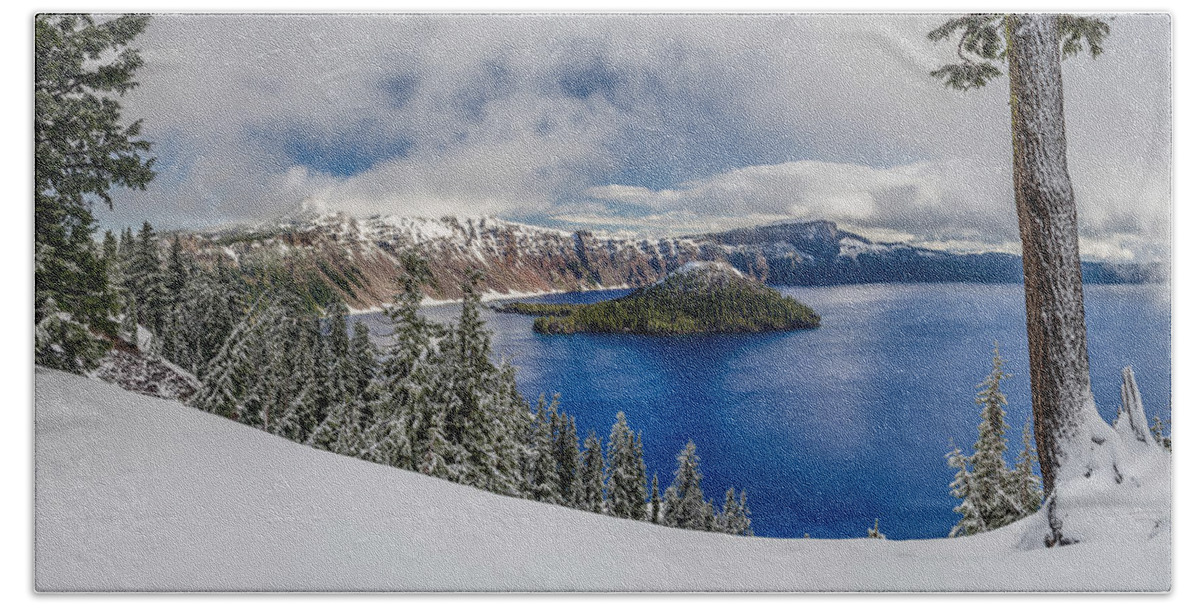 Crater Lake National Park Bath Towel featuring the photograph Crater Lake Panorama 1 by Greg Nyquist