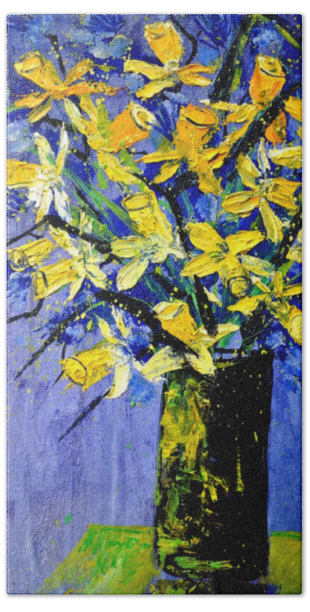 Flowers Hand Towel featuring the painting Daffodils by Pol Ledent