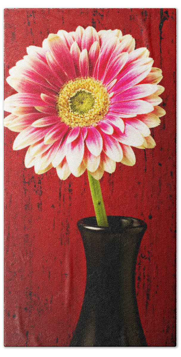 Flower Hand Towel featuring the photograph Daisy in black vase by Garry Gay