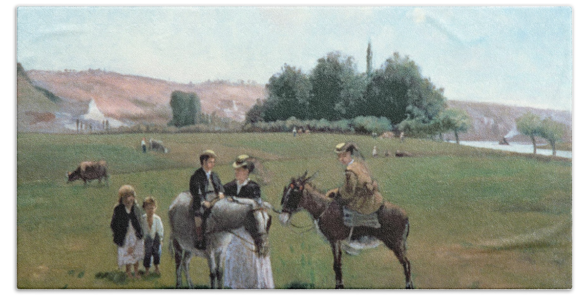 Donkey Ride At La Roche-guyon Bath Towel featuring the painting Donkey Ride by Camille Pissarro