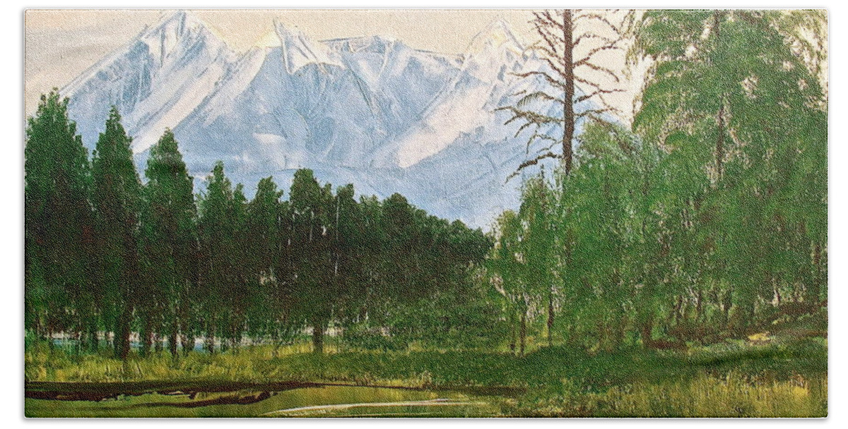 Mountains Hand Towel featuring the painting Duck Pond by Frank SantAgata