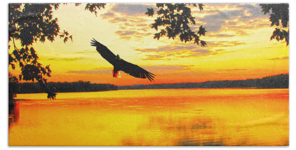 Eagle Up Close At Sundown Hand Towel featuring the photograph Eagle at sunset by Randall Branham
