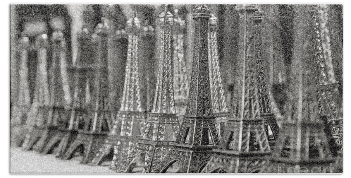 Black White Hand Towel featuring the photograph Eiffel tower miniature by Olivier Steiner