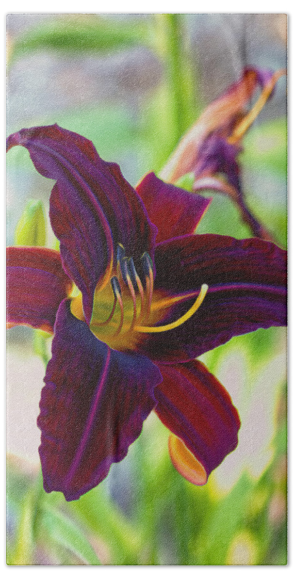 Lily Bath Towel featuring the photograph Electric Maroon Lily by Bill and Linda Tiepelman