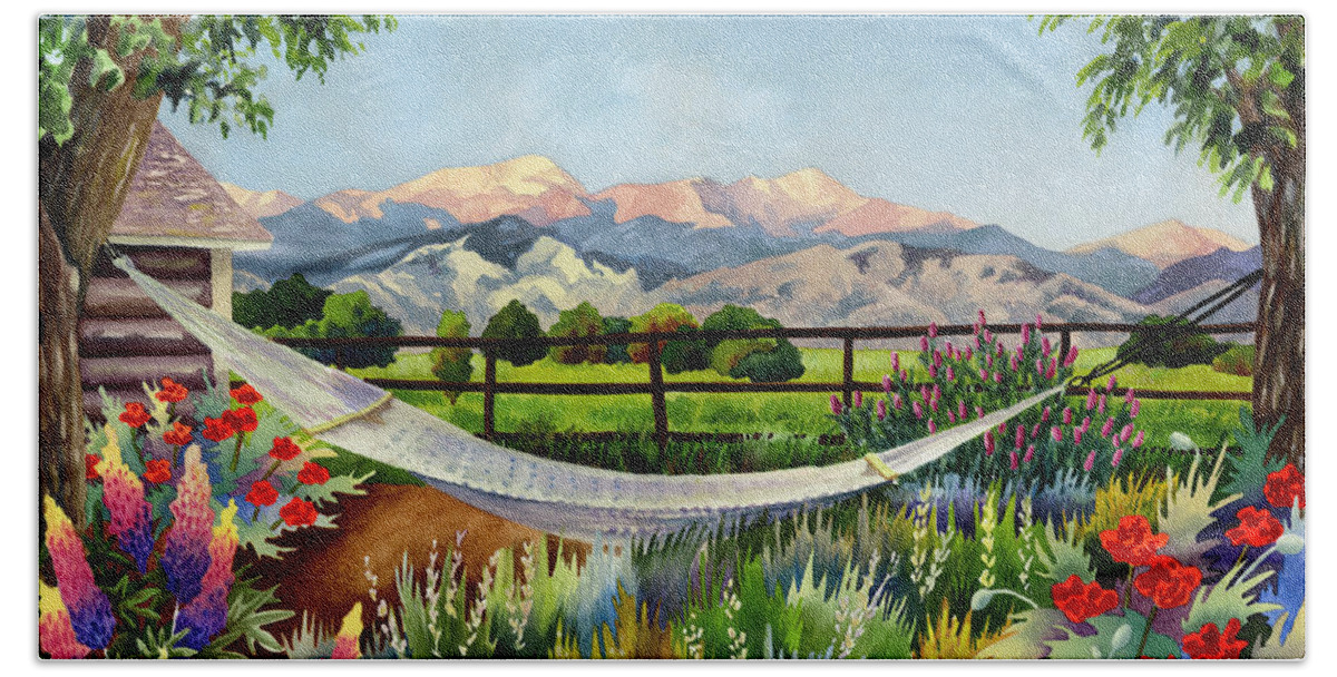 Rocky Mountain Painting Bath Sheet featuring the painting Evening in Paradise by Anne Gifford