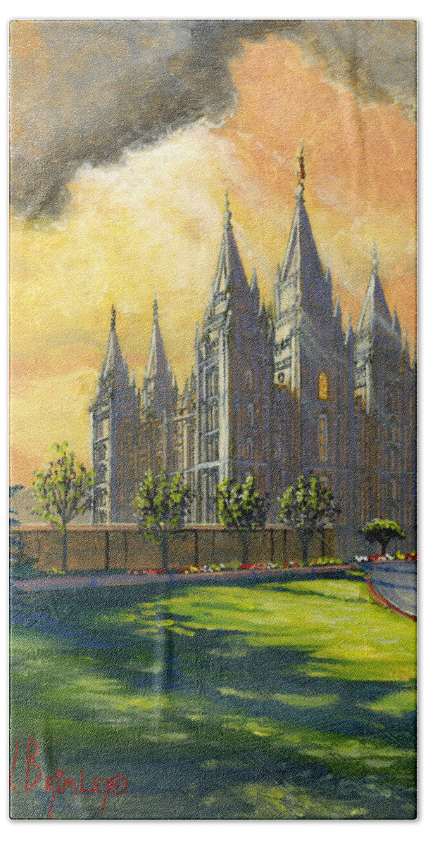 Salt Lake Temple Bath Towel featuring the painting Evening Splendor by Jeff Brimley