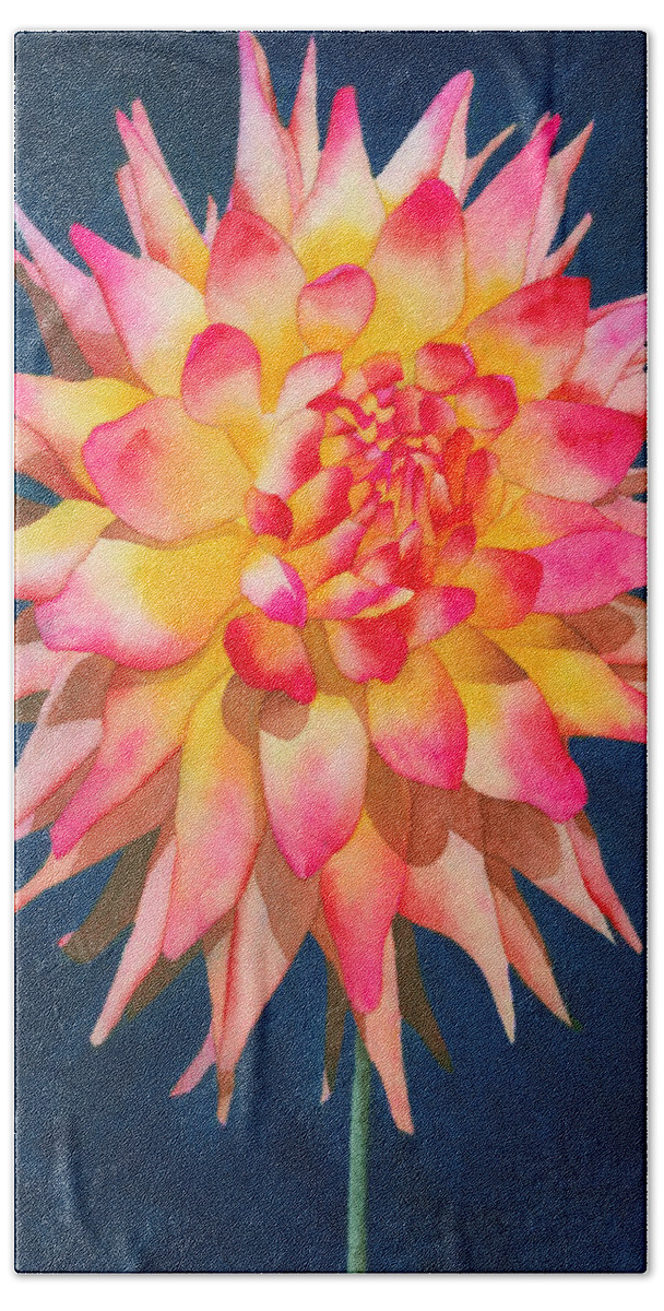 Watercolor Hand Towel featuring the painting Exploding Lollipop Dahlia by Ken Powers