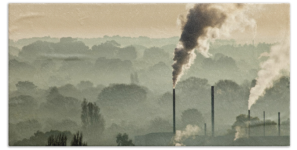 00429961 Hand Towel featuring the photograph Factory Chimneys Belch Smoke by Colin Monteath