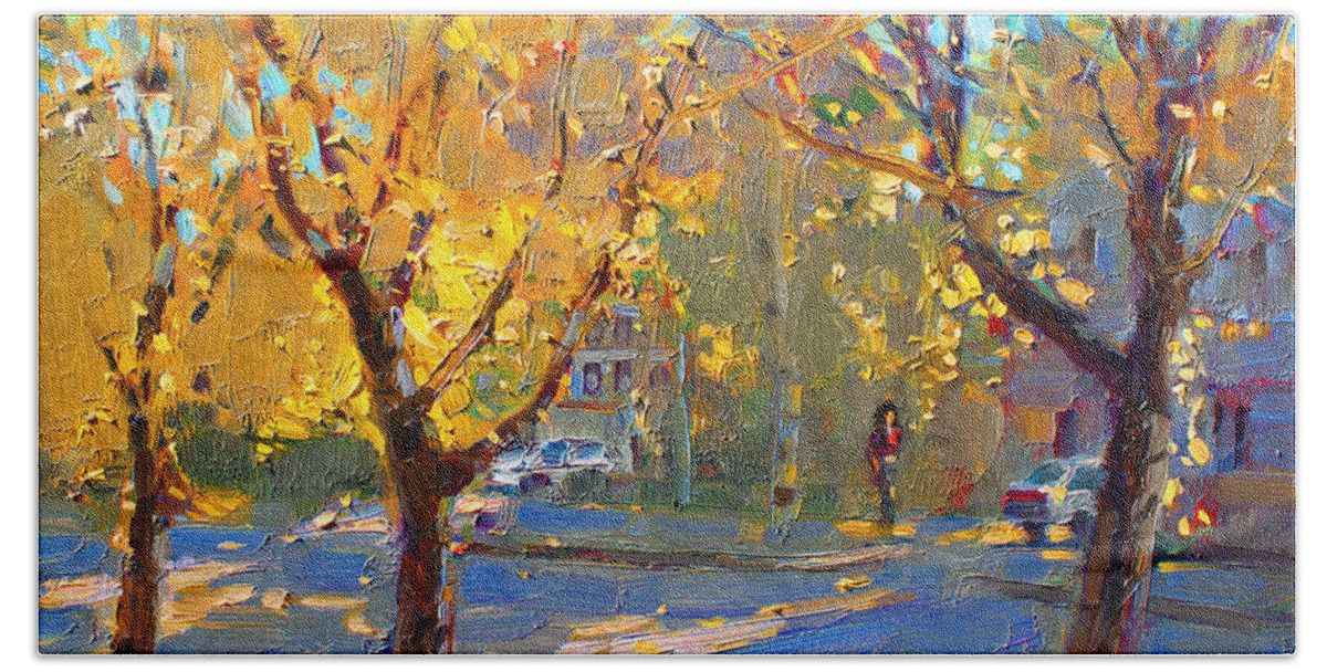 Fall Hand Towel featuring the painting Fall in my Neighborhood by Ylli Haruni