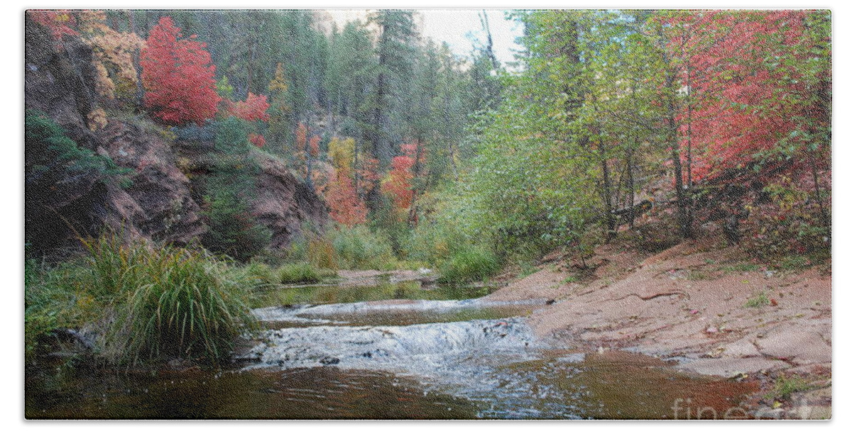 Sedona Bath Towel featuring the photograph Fall Licks Both Sides of the River by Heather Kirk