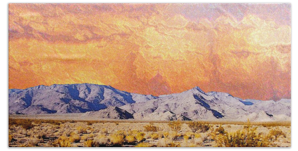 Arizona Bath Sheet featuring the digital art Fiery Western Sky Antarres Road AZ by Lizi Beard-Ward