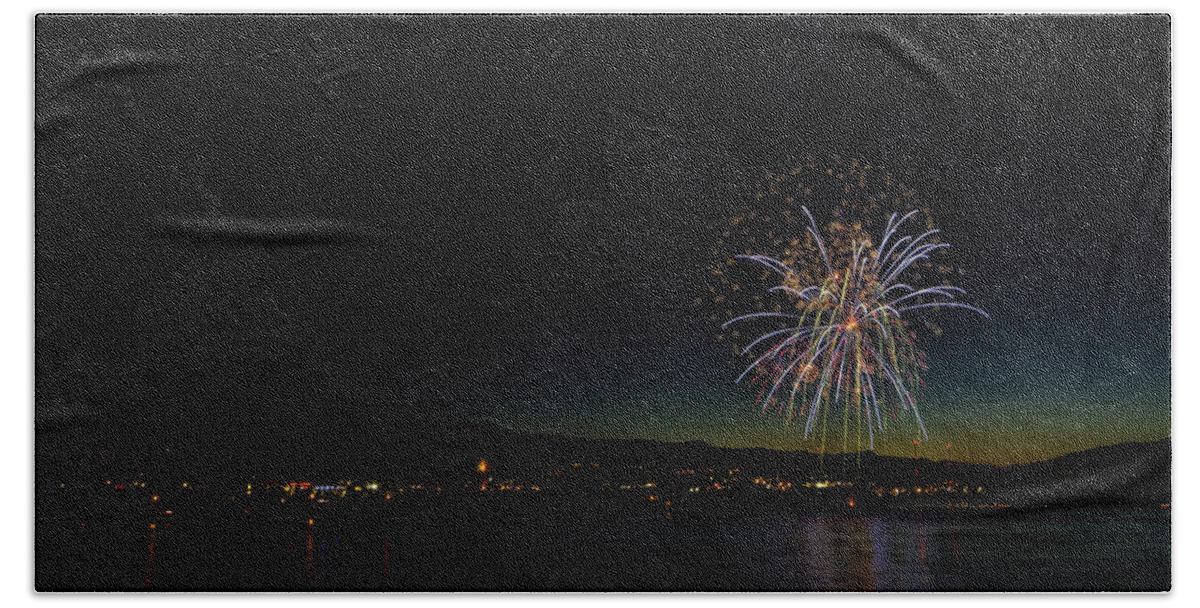 Hdr Bath Towel featuring the photograph Fireworks on the River by Brad Granger