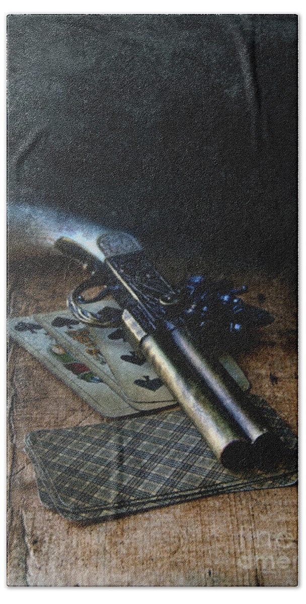 Gun Bath Towel featuring the photograph Flint Lock Pistol and Playing Cards by Jill Battaglia