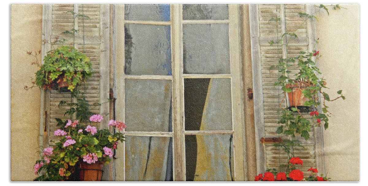 Flowers Bath Towel featuring the photograph Flower Window Provence France by Dave Mills