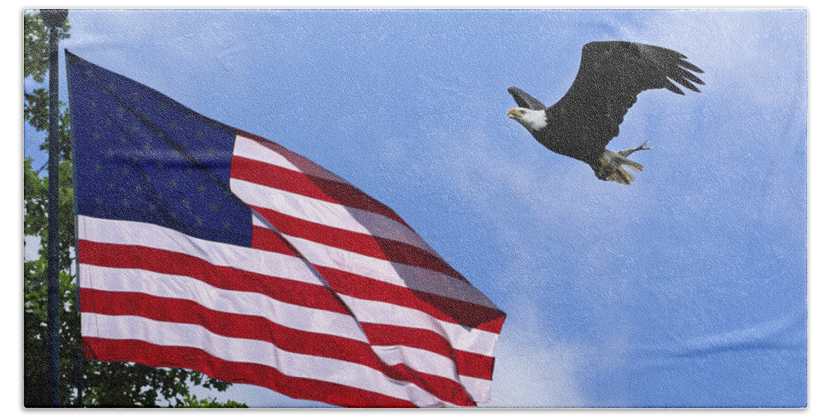 Eagle Flag Blue Sky Bath Towel featuring the photograph Freedom Feeds The Family by Randall Branham