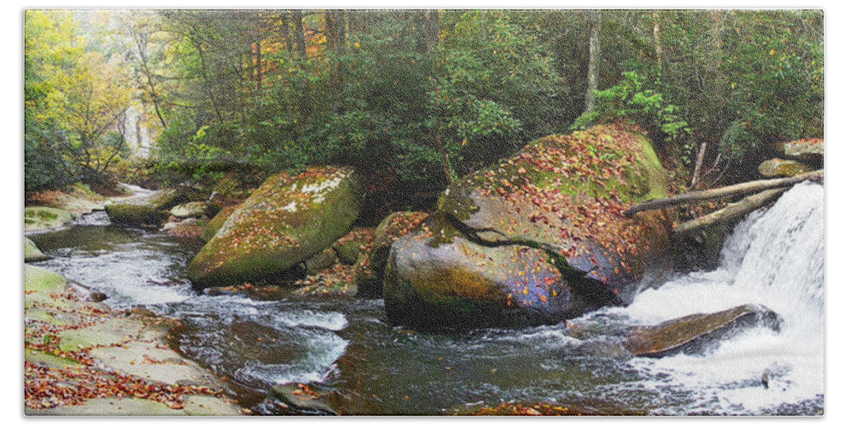 French Broad Bath Towel featuring the photograph French Broad Waterfall in the Fall 4 near Balsam Grove NC by Duane McCullough