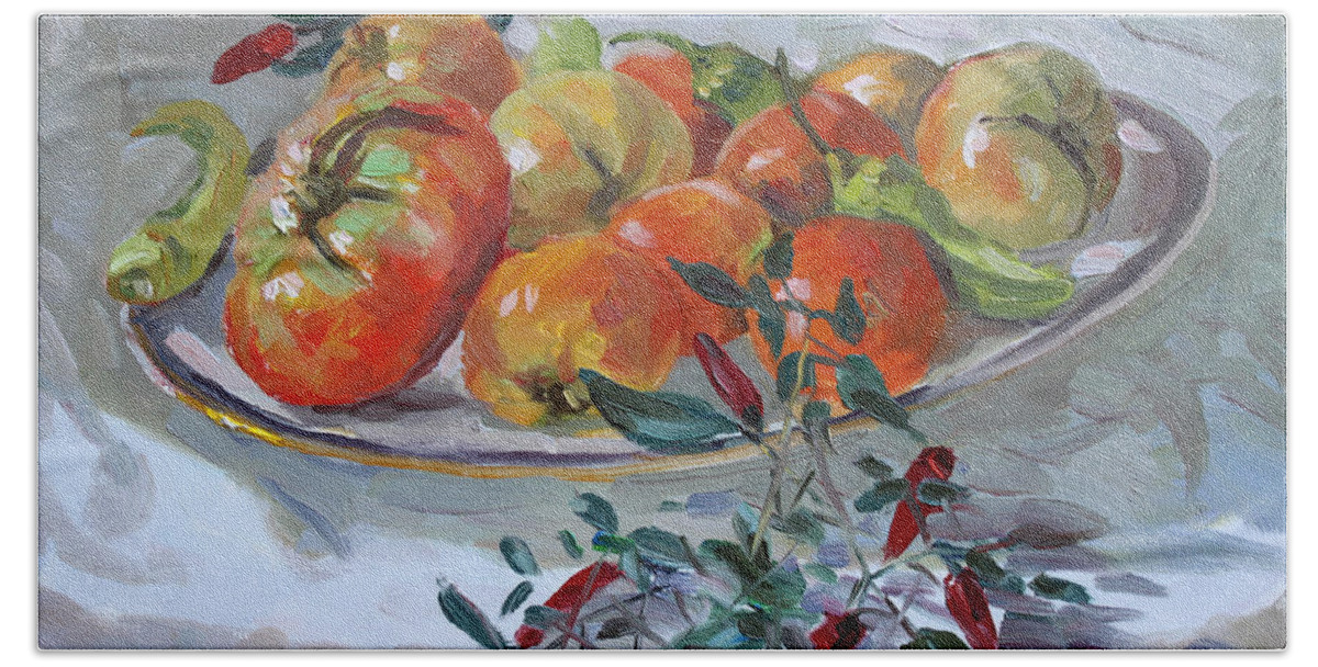 Tomatoes Hand Towel featuring the painting Fresh from the Garden by Ylli Haruni