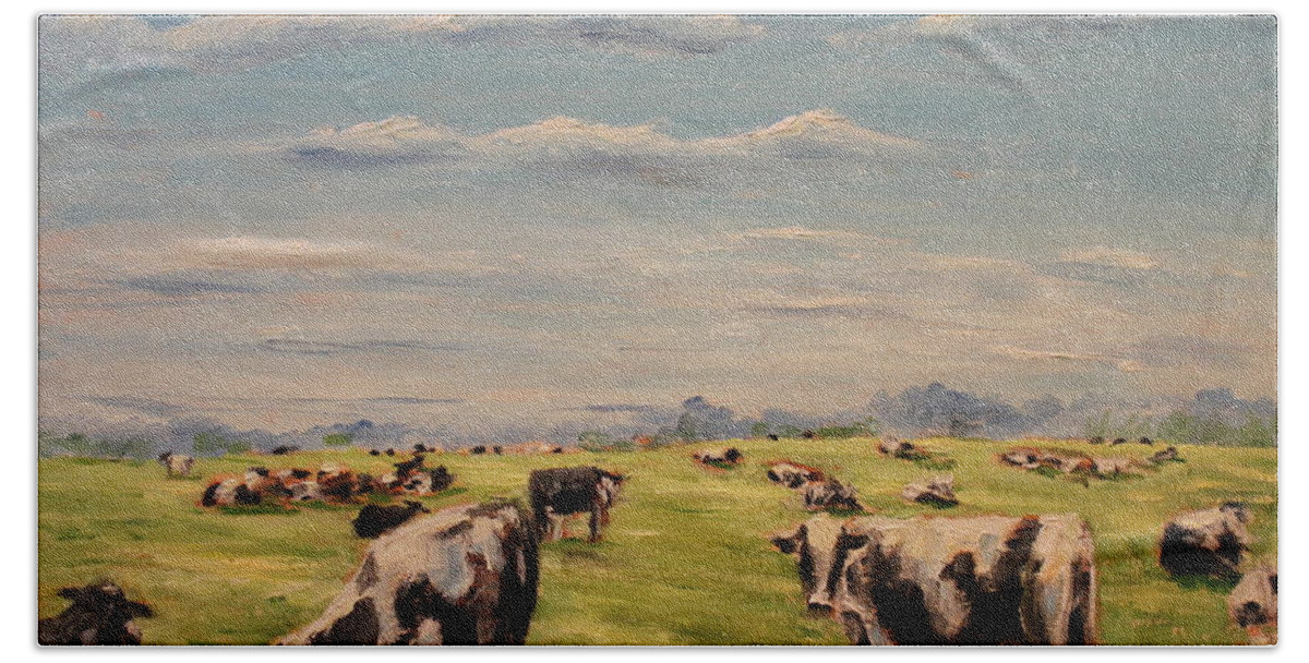 Cow Bath Towel featuring the painting Fresh Grass by Daniel W Green