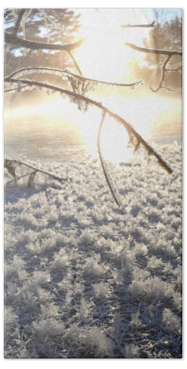 Frost Hand Towel featuring the photograph Frosty Ice at Sunrise by Kent Lorentzen