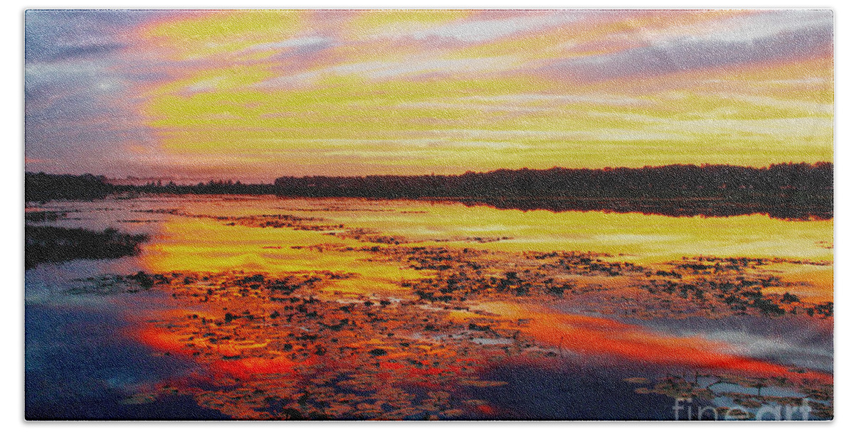Sunrise Bath Towel featuring the photograph Glowing skies over Crews Lake by Barbara Bowen