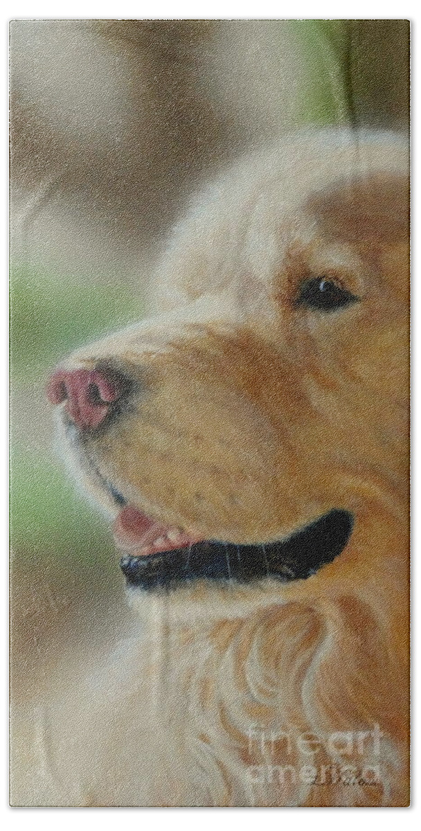 Golden Retriever Hand Towel featuring the painting Golden Retriever by Greg and Linda Halom
