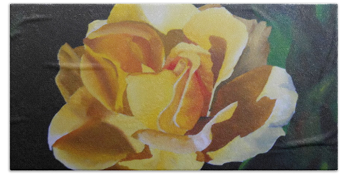 Goldne Showers Rose Bath Towel featuring the painting Golden Showers Rose by Yenni Harrison