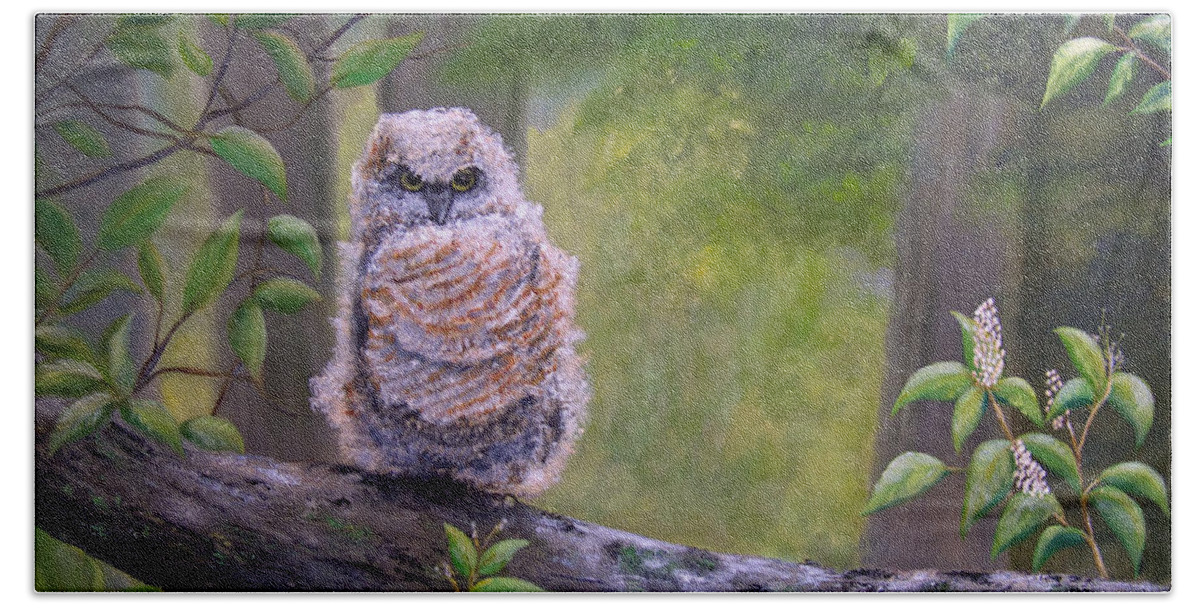 Owl Hand Towel featuring the painting Great Horned Owlette by Dee Carpenter