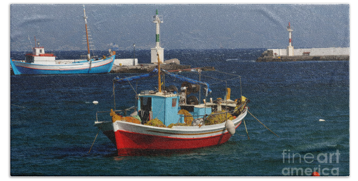 Greece Bath Towel featuring the photograph Greek Fishing Boats Mykonos by Bob Christopher