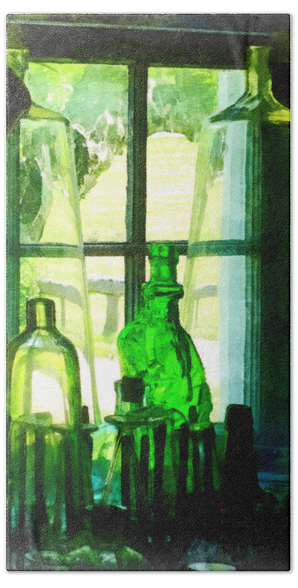 Bottles Bath Towel featuring the photograph Green Bottles on Windowsill by Susan Savad