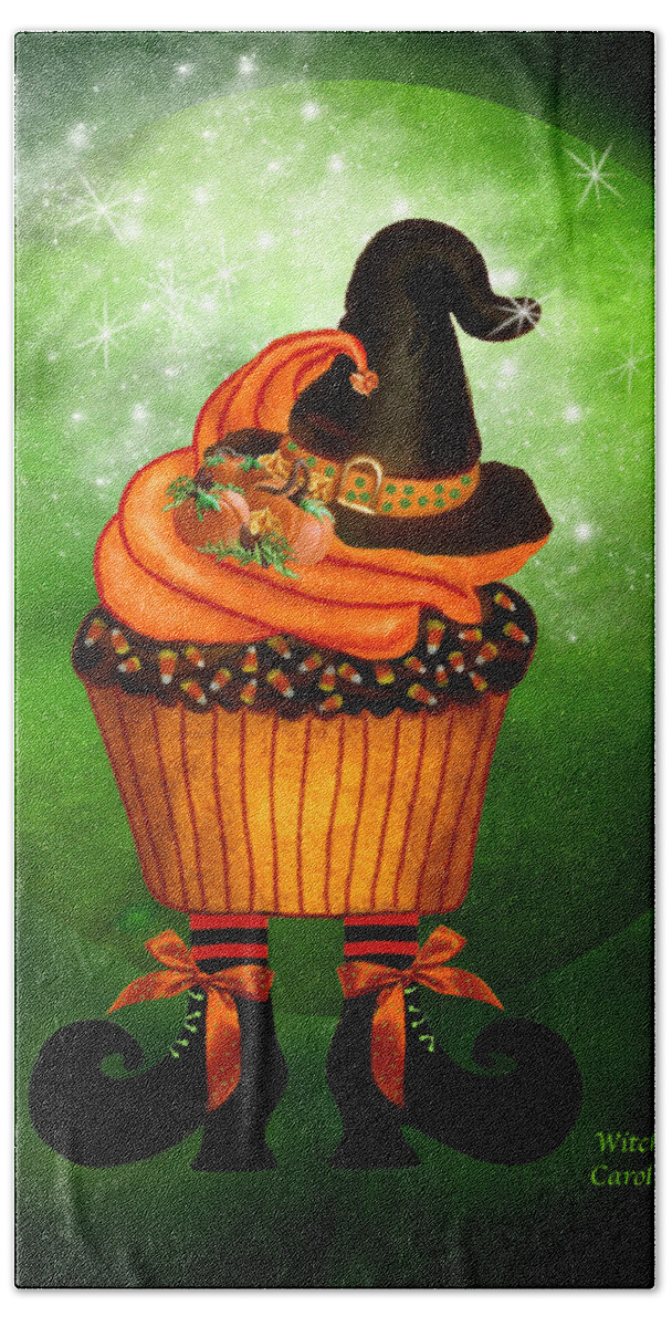 Halloween Bath Towel featuring the mixed media Halloween - Witch Cupcake by Carol Cavalaris