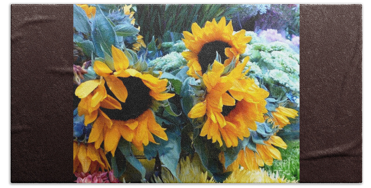 Sunflowers Bath Towel featuring the photograph Happy Sunflowers by Amalia Suruceanu