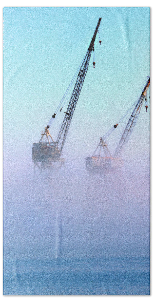 L.a. Harbor Bath Towel featuring the photograph Harbor Fog with Cranes by Joe Schofield
