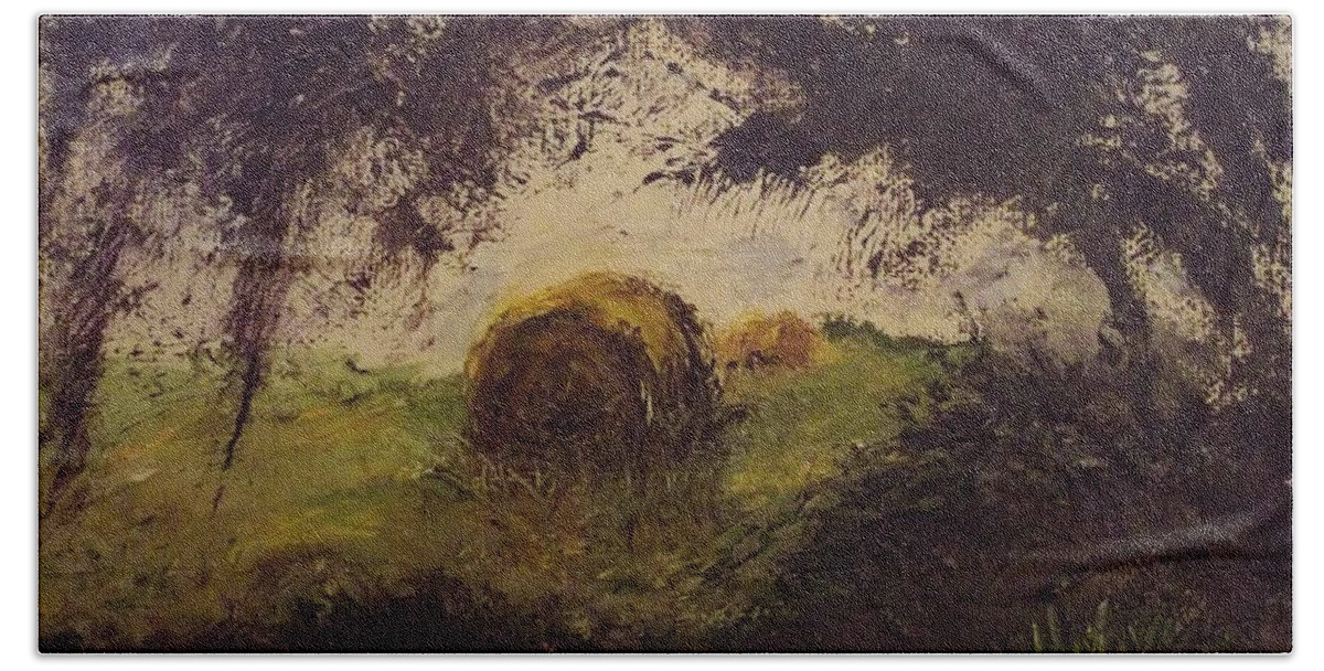 Landscape Hand Towel featuring the painting Hay bale by Stephen King