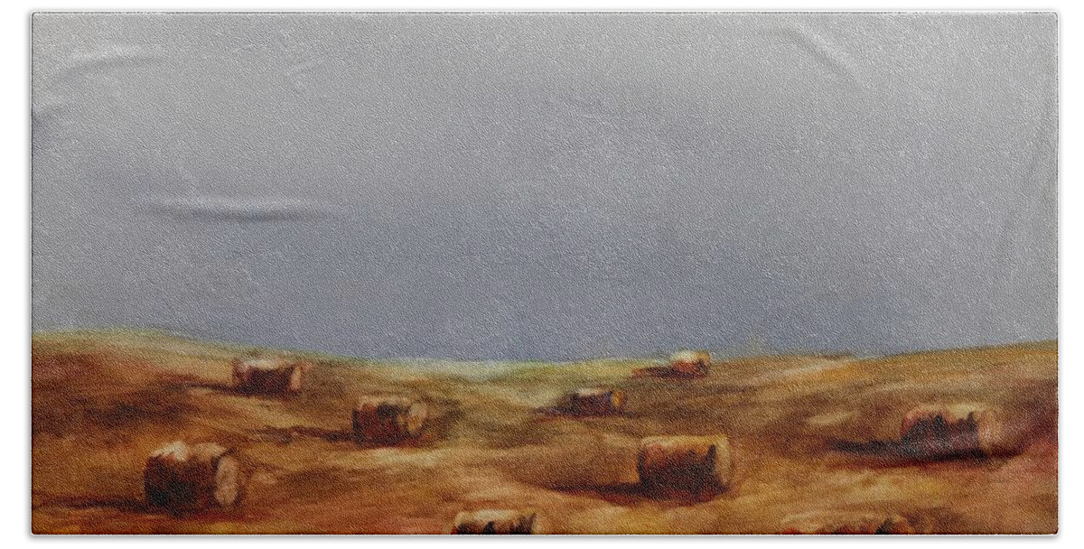Bales Bath Towel featuring the painting Hayfield by Ruth Kamenev