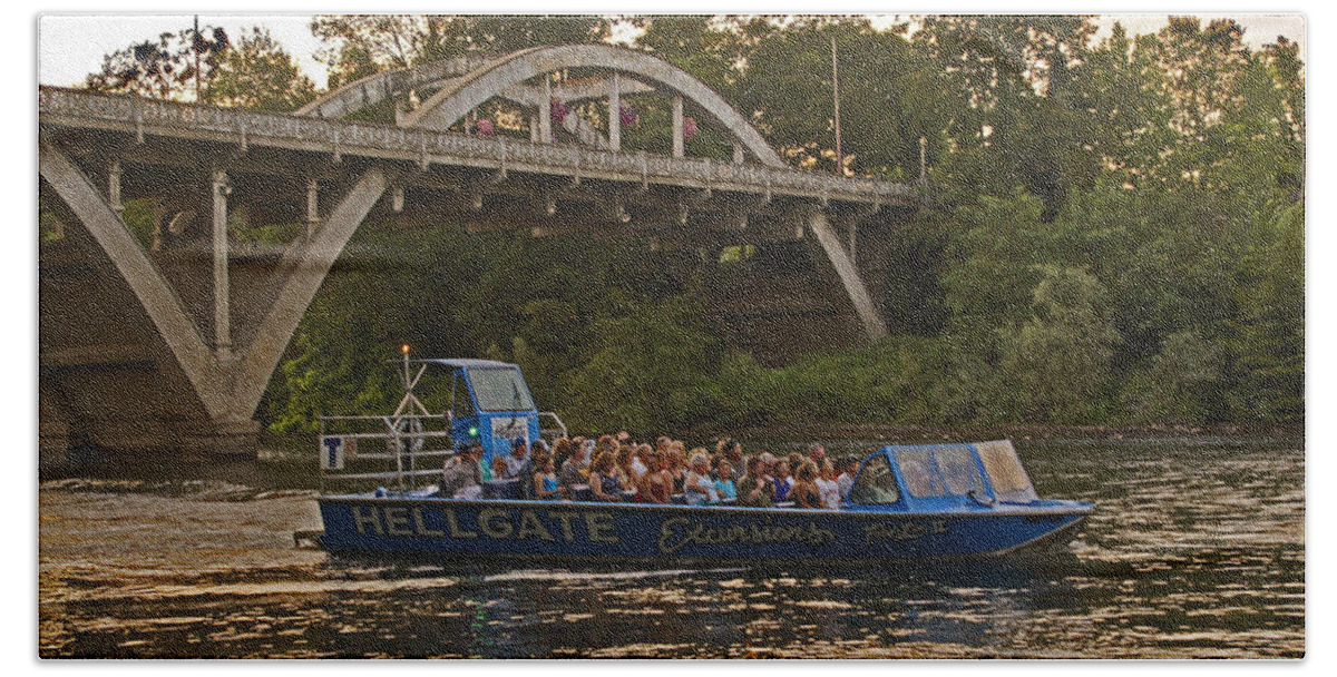 Hellgate Hand Towel featuring the photograph Hellgate Jet Boat and Caveman Bridge by Mick Anderson