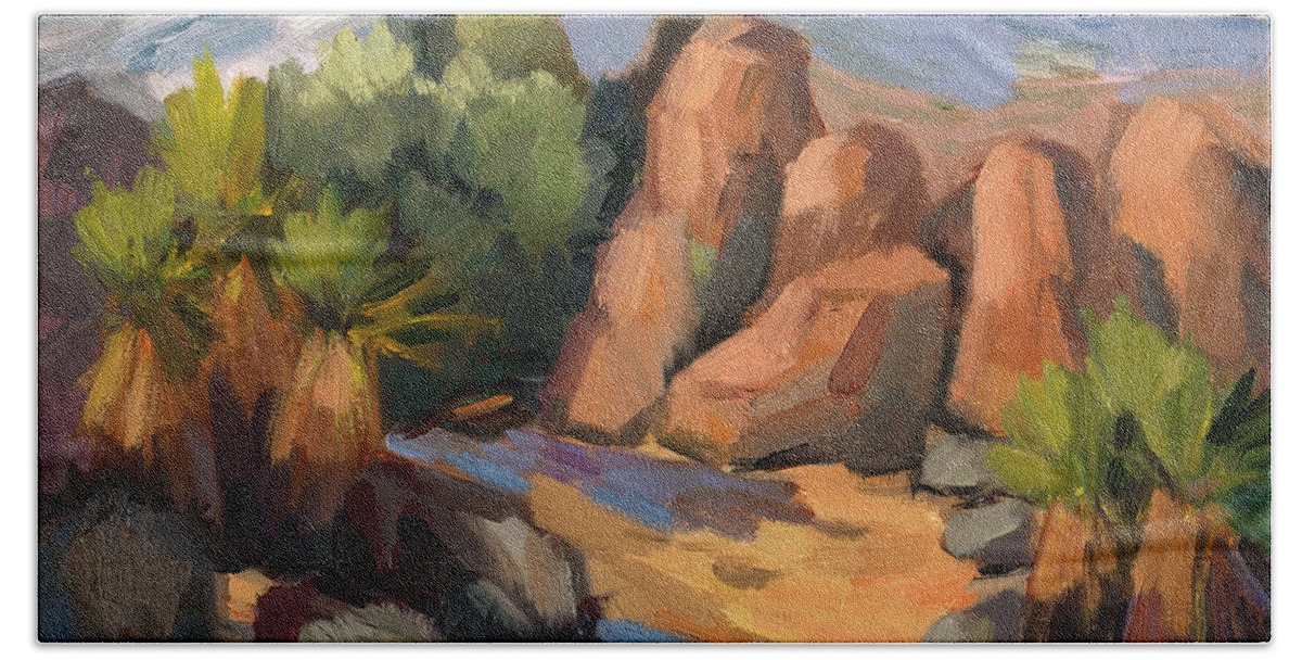 Hidden Valley Bath Sheet featuring the painting Hidden Valley at Joshua Tree by Diane McClary