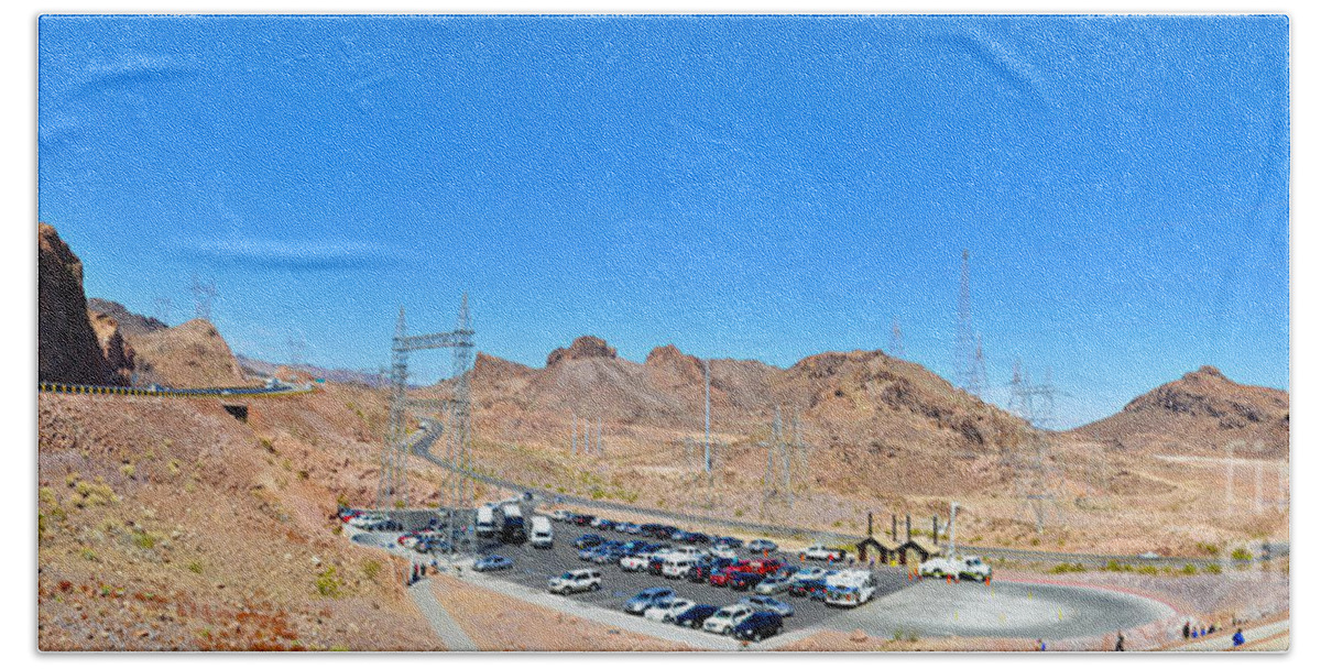 Lake Meade Bath Towel featuring the photograph Visitors parking lot for Great Bridge at Hoover Dam by Dejan Jovanovic