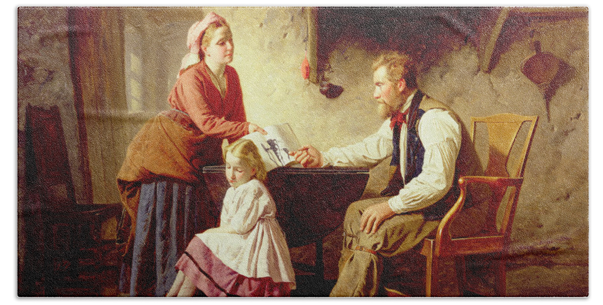 Domestic Interior; Farmer; Family; Child; Naughty; Copybook; Mother; Father; Peasant; Victorian; Sentiment; Idealised; Flagstone Floor; Parenthood; Fatherhood Hand Towel featuring the painting In Disgrace by William Henry Midwood