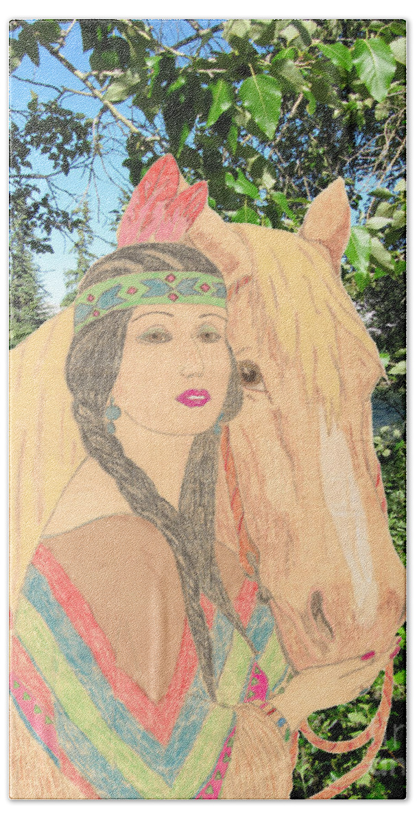 Portrait Hand Towel featuring the drawing Indian Princess and Horse by Donna L Munro
