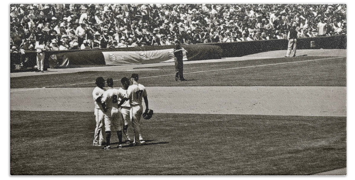 Baseball Bath Towel featuring the photograph Infield Meeting by Eric Tressler