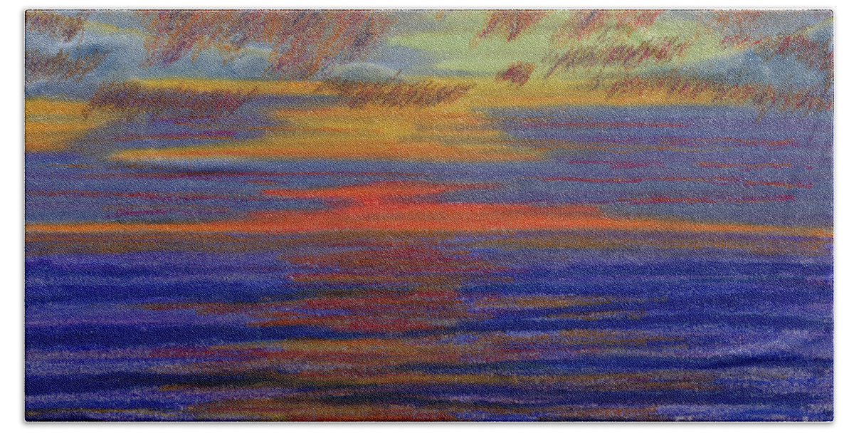 Irish Sea Hand Towel featuring the pastel Irish Sea Sunset at Llanon Ceredigion Wales Art Landscape Painting by Edward McNaught-Davis