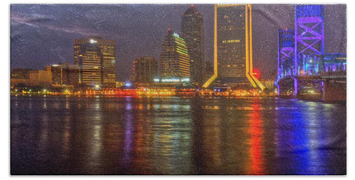 Clouds Bath Towel featuring the photograph Jacksonville at Night by Debra and Dave Vanderlaan